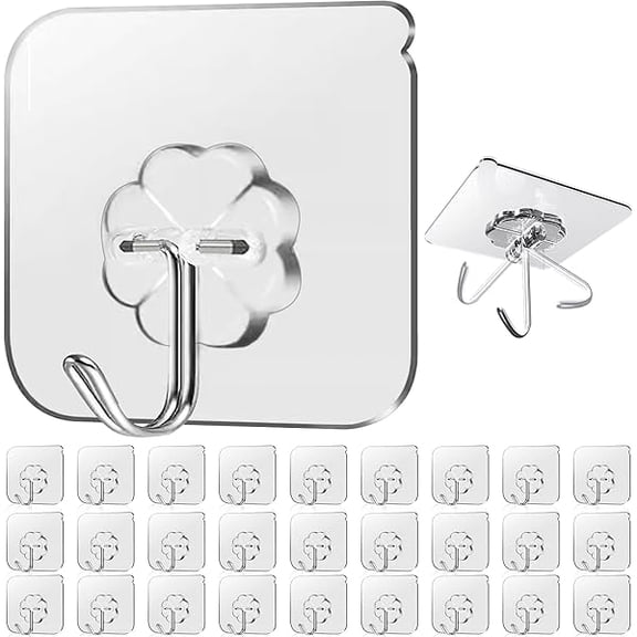 28 Pack Sticky Hooks for Hanging Heavy Duty, Wall Hooks Adhesive, Clear self Adhesive Hooks for Wall, Kitchen, Bathroom, Shower & Ceiling - Heavy Duty Wall Hangers Without Nails Self-Ad