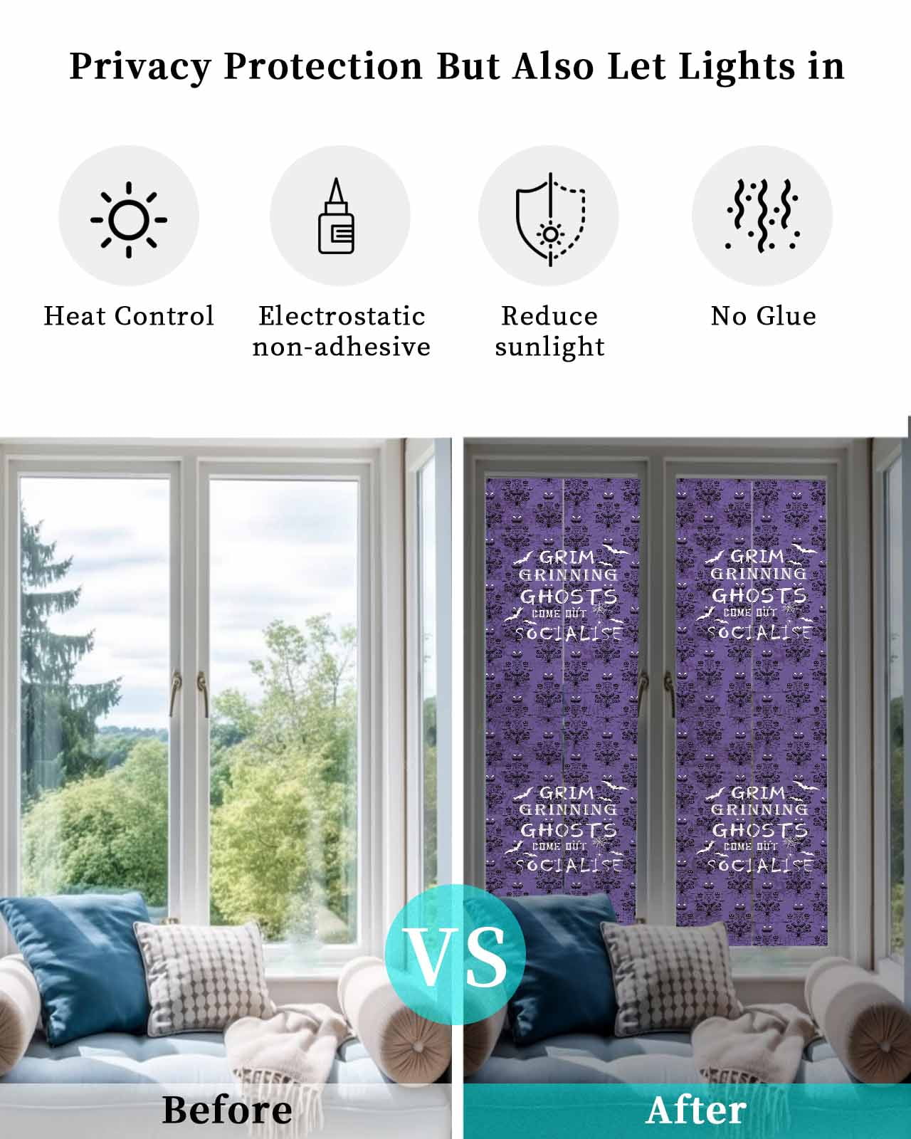 Purple Halloween Window Privacy Film Stained Glass Window Film Decorative Windows Cover Static Windows Cling for Glass Door White Bat Black Pumpkins Stickers for Bathroom 29.5"x118"