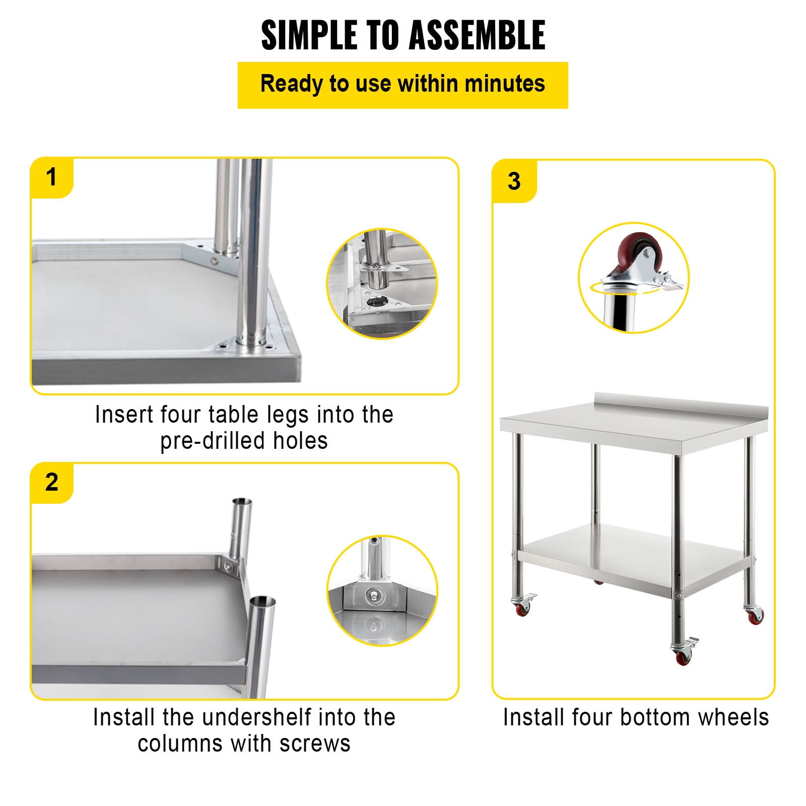 KFFKFF Stainless Steel Adjustable Undershelf and Casters Prep Table, Silver
