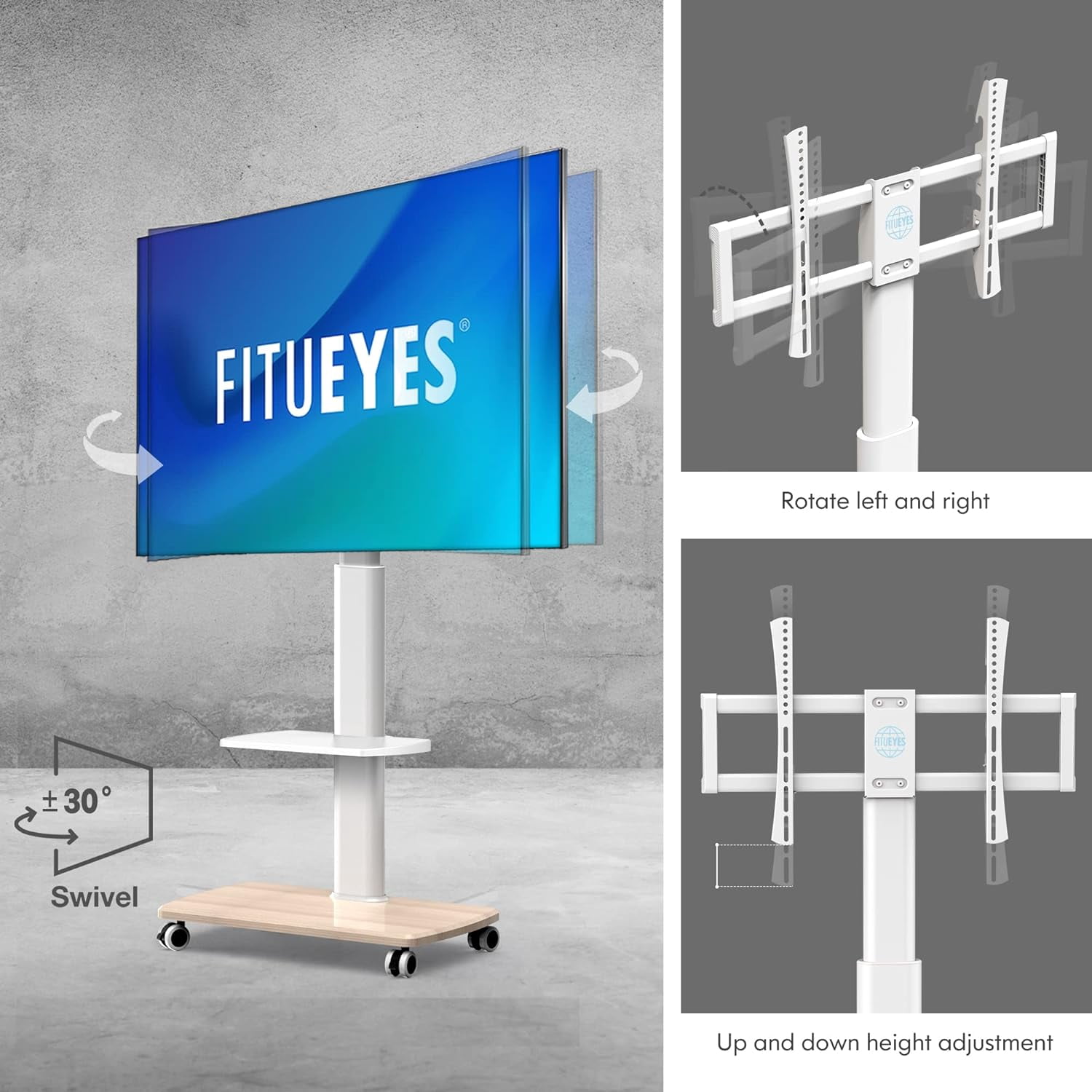 FITUEYES Rolling TV Stand for 32–75 Inch TVs, White, Power Outlet, Swivel Mount