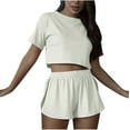 thumbnail image 1 of Yuyuzo Ensembles de Pyjama pour Femmes Deux Pièces Col Ras du Cou Manches Courtes Haut Court P Shorts Taille Haute Vêtements de Détente, 1 of 7