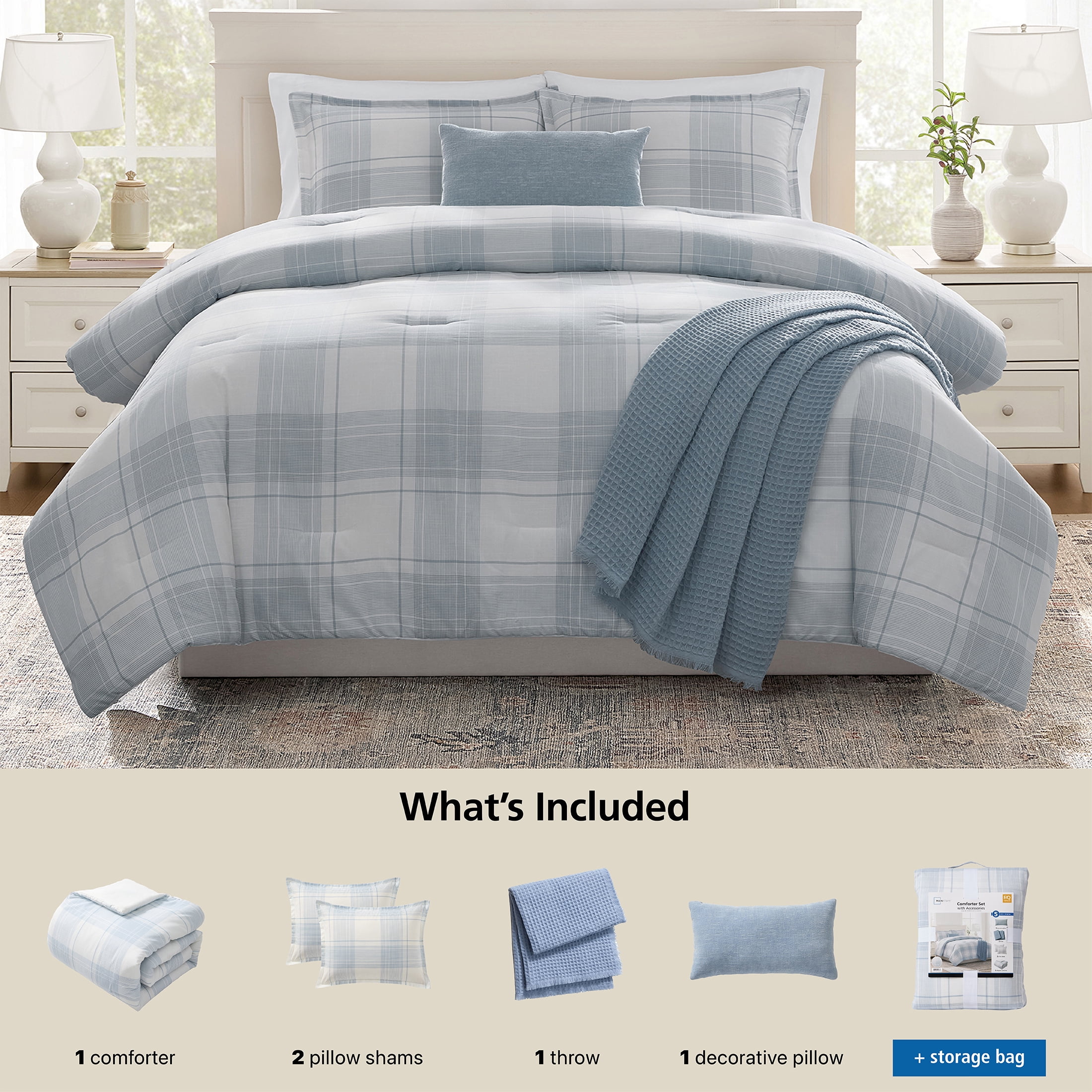 Mainstays Plaid 5-Piece Blue Comforter Set, King