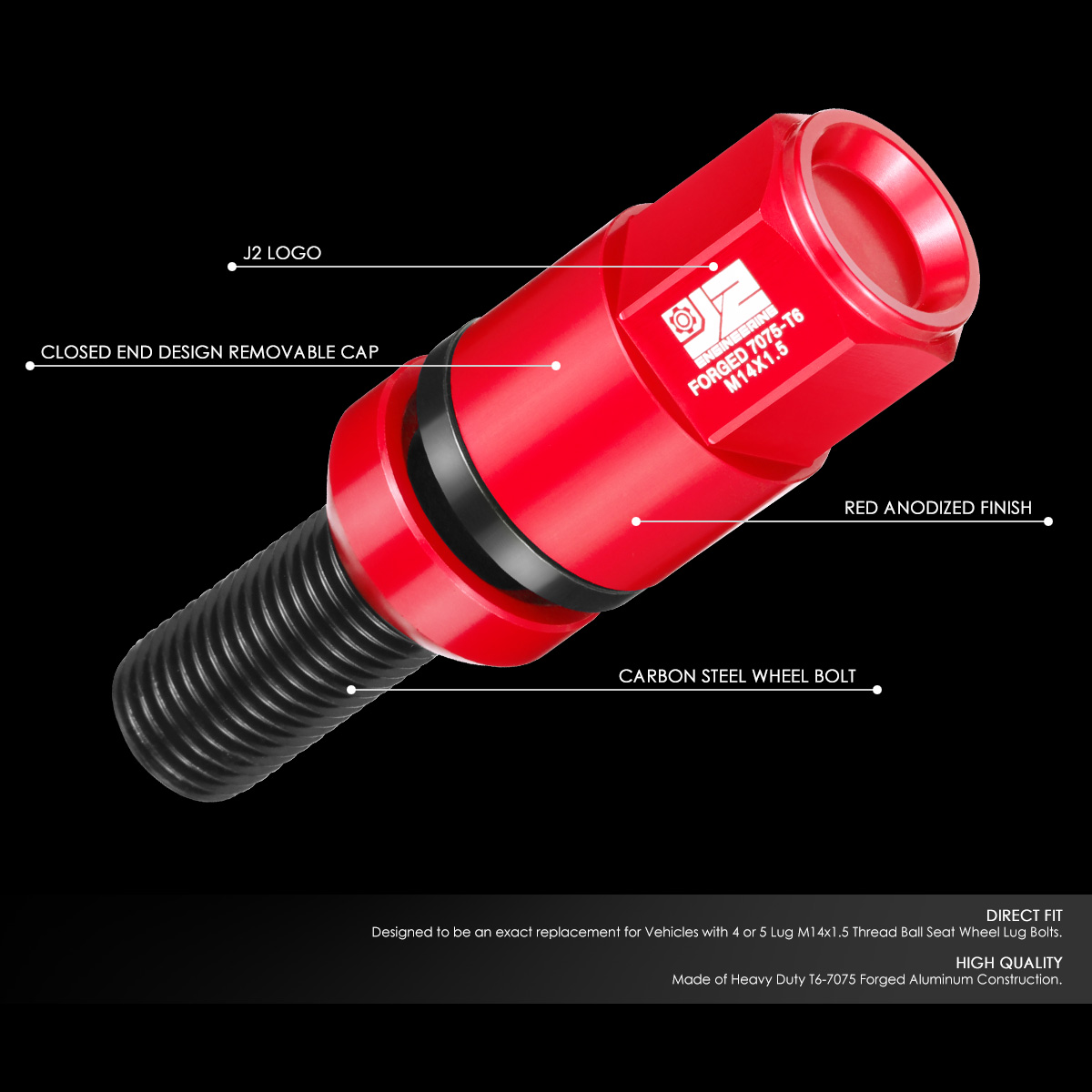 J2 Engineering J2-LN-T7-041BS-RD For 1992-2022 Mercedes-Benz Closed End Lug Bolt Nuts M14 x 1.5 Red