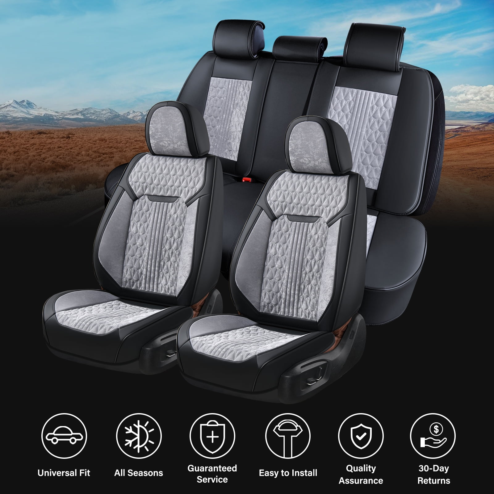 Coverado Full Set Car Seat Covers, Front and Back Seat Protectors, Faux Leather & Flannel Fashion Auto Accessories, Universal Fit Most Cars, SUVs Pickup Trucks, Black&Gray