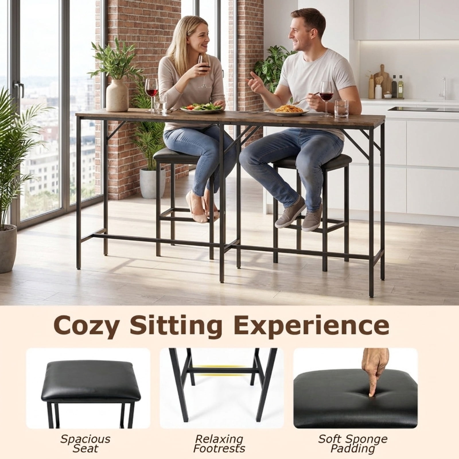 Furnibear 3-Piece Convertible L-Shaped Kitchen Table Chair Set with 2 AC Outlets USB Port and Type-C Port for Kitchen Dining Room, Rustic Brown