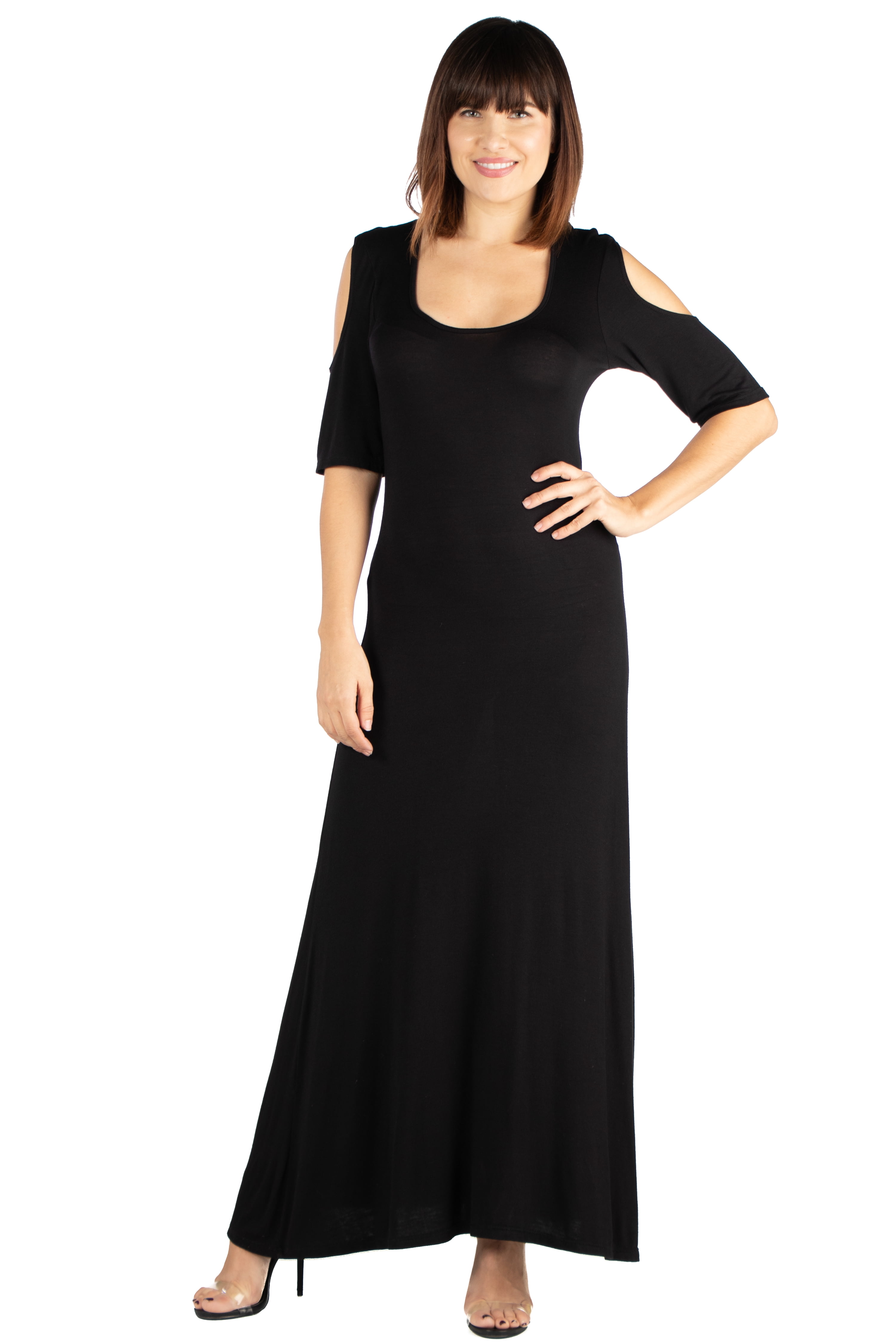 24seven Comfort Apparel Elbow Length Sleeve Cold Shoulder Maxi Dress in