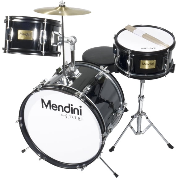 Pre-Owned Mendini by Cecilio 16" 3-Piece Kids Junior Drum Set with Adjustable Throne, Cymbal, Pedal & Drumsticks, Metallic Black, MJDS-3-BK