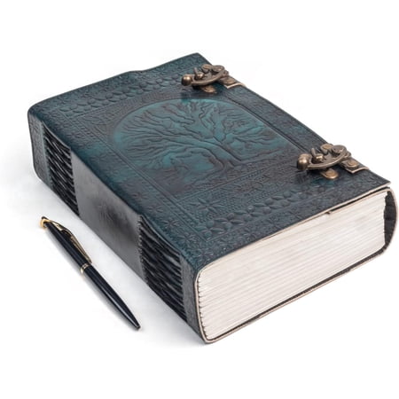 TUZECH 600 Pages Handmade Large Leather Journal Diary Embossed Tree of Life Book Of Shadows Notebook Writing Grimoire Sketchbook 7 x 10 Leather Bound (Green)