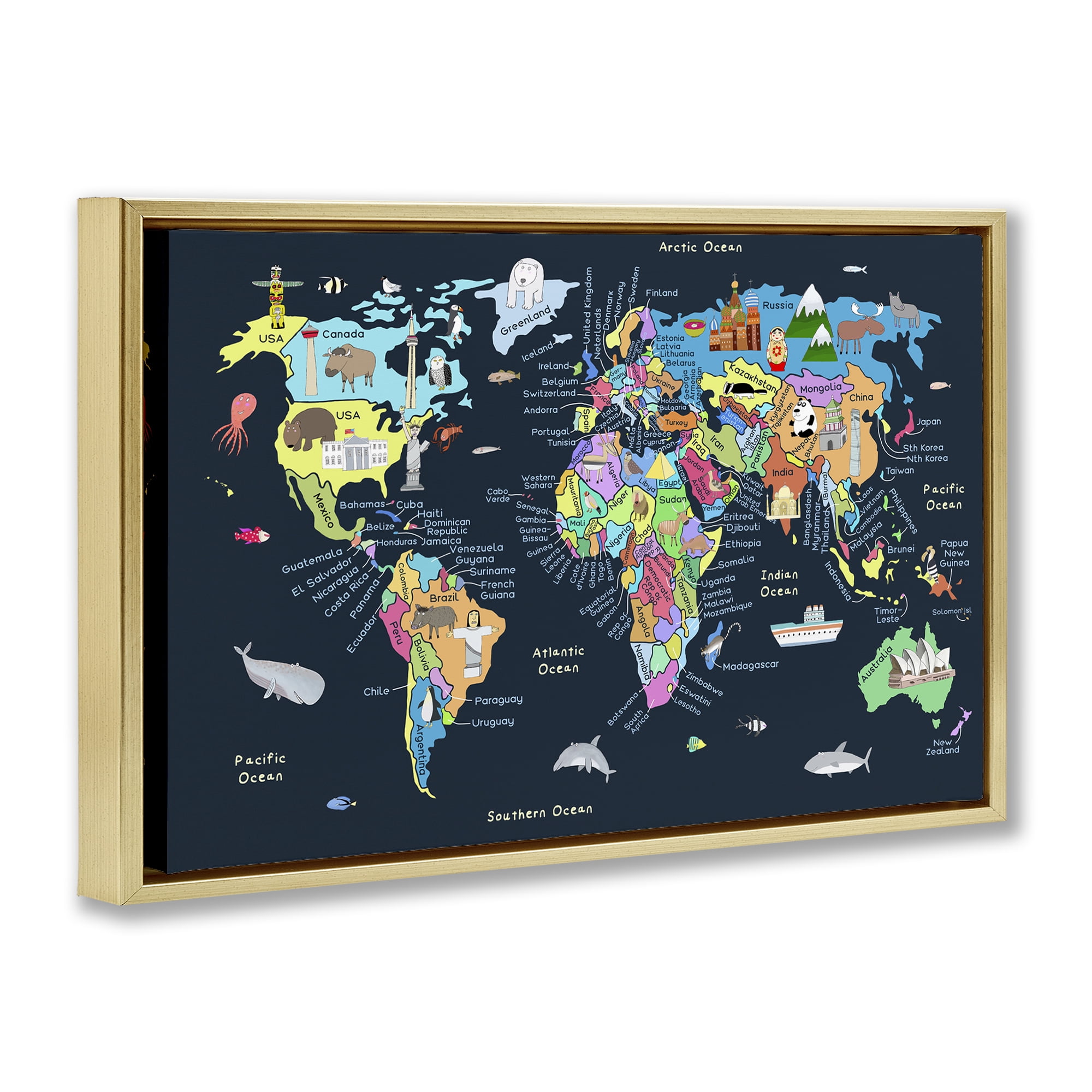 Stupell Industries Detailed Countries Map Education Painting Gold Floater Framed Canvas Art Print Wall Art, 31 x 21