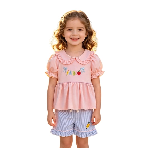 HAYIMI Girls Summer School Short Sleeve Tops Shorts With Cute Pencil Embroidery Two Piece Outfit Sets Soft Clothes Sets