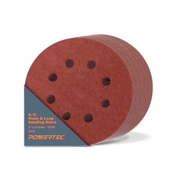 POWERTEC 50PK 5 Inch 8 Hole Hook and Loop Sanding Discs, 60 Grit Sandpaper for Random Orbital Sanders (45006-P2X)