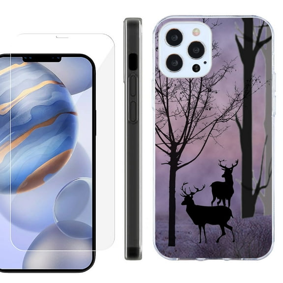 Slim Fit Protective Phone Case for Apple iPhone 12 / iPhone 12 Pro, with Tempered Glass Screen Protector, by OneToughShield ® - Forest/Deer/Twilight