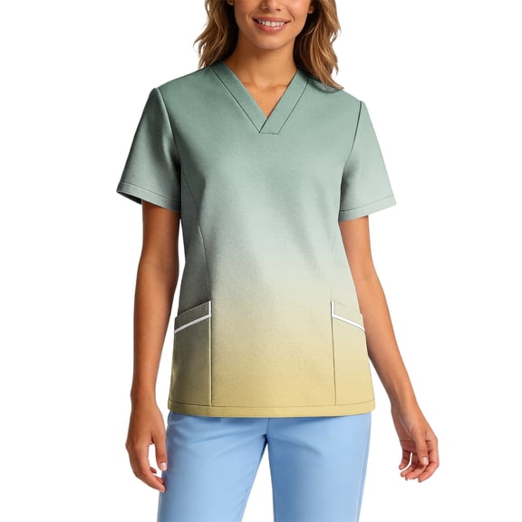 Medical Scrub Tops for Women - Soft Stretch V-Neck Funny Gradient Printed Top Scrubs with Pockets