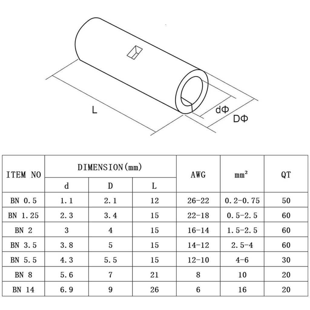 300Pcs Butt Wire Connector Coppers Tinned Splices Crimp Terminals Sleeve Bare Terminals Crimping Connectors Enduring