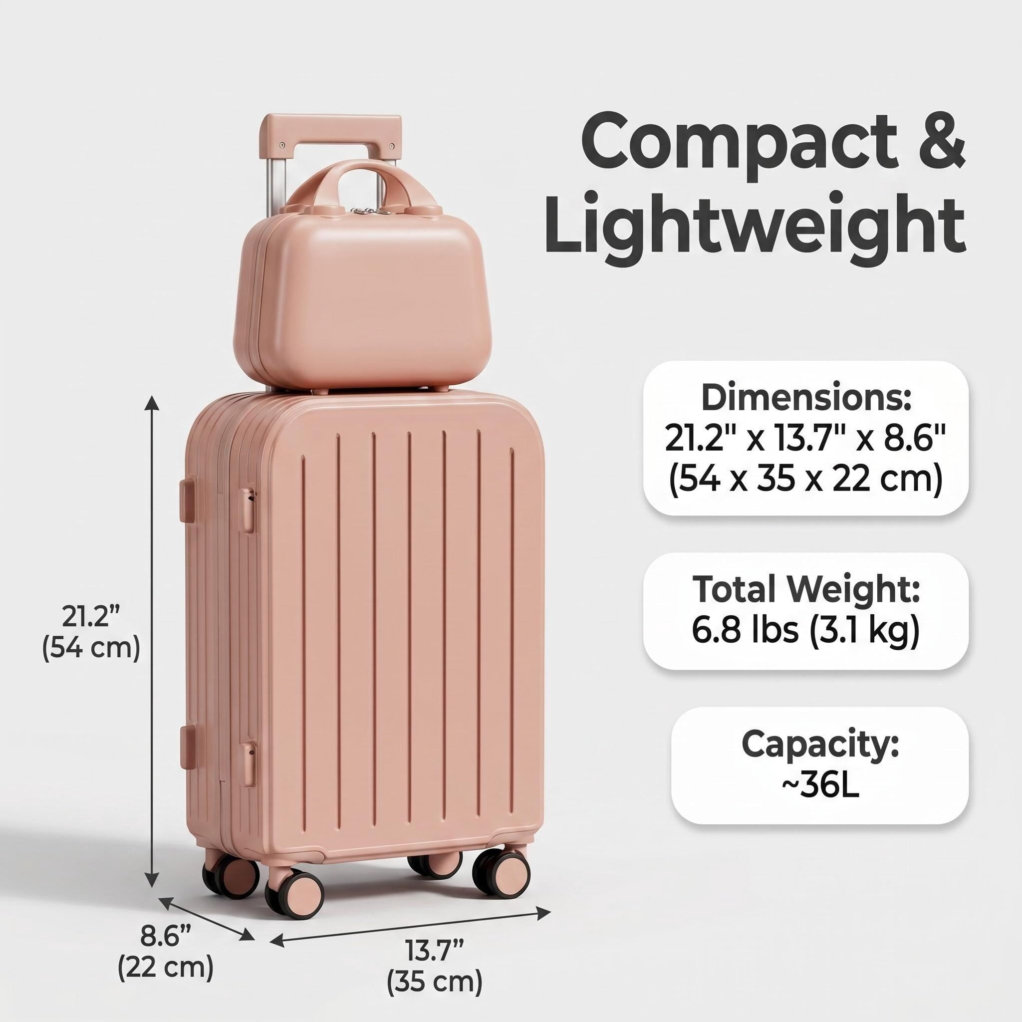 HEMXSZH 20 Inch Adult 2-Piece Hardside Rolling Luggage with Combination Lock and Cup Holder, Pink