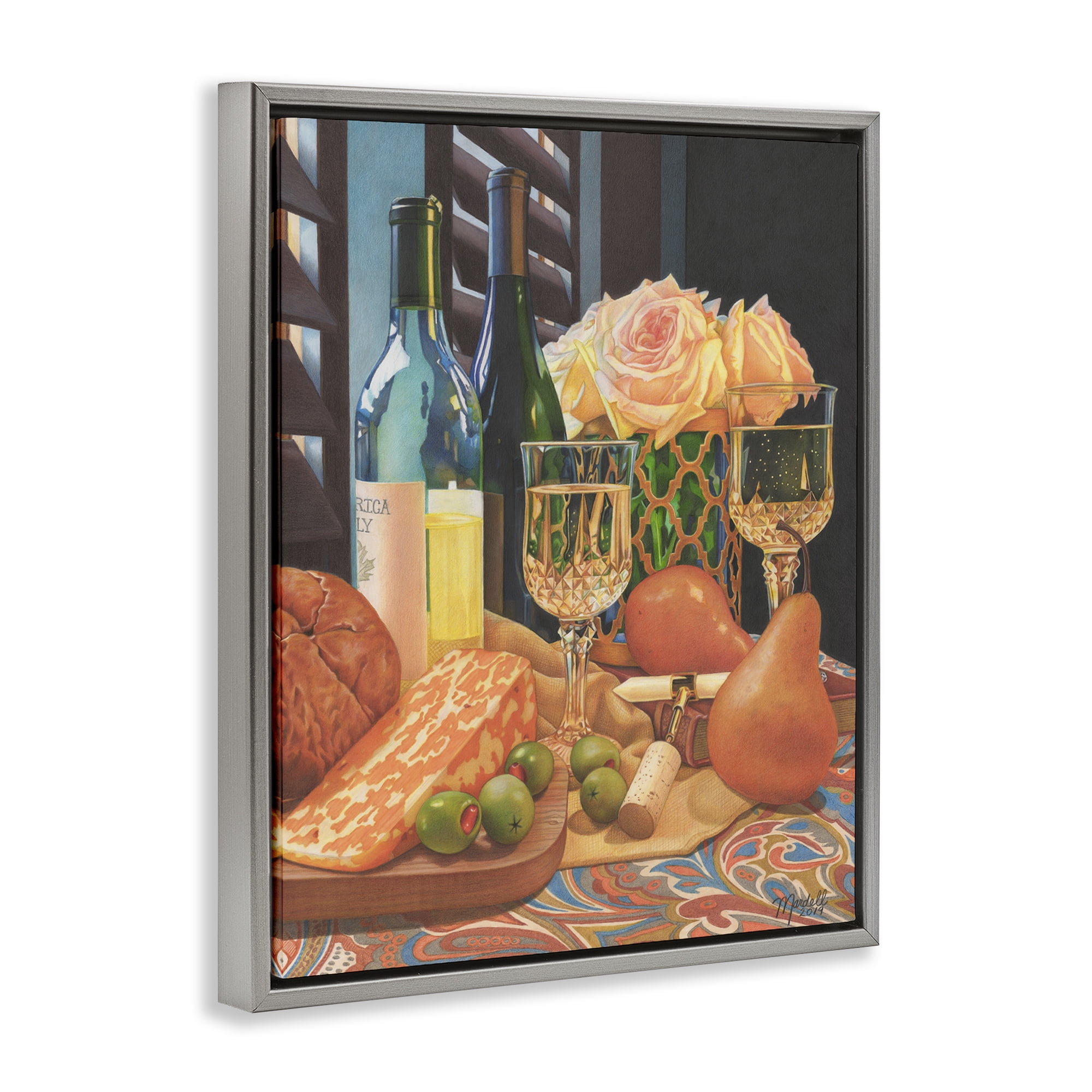 Stupell Industries Romantic Wine & Cheese Food & Beverage Painting Gray Floater Framed Art Print Wall Art, 17 x 21