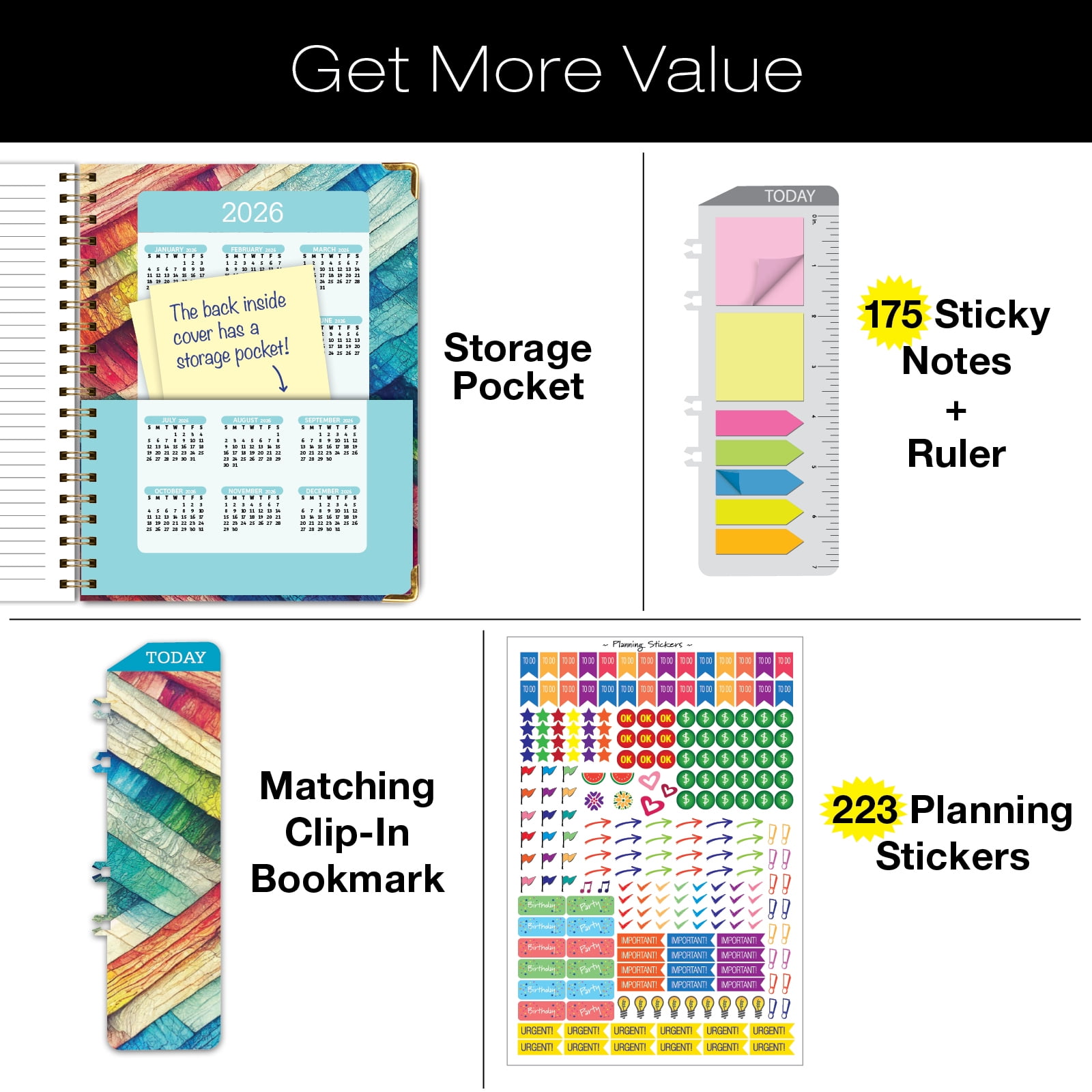 Academic Year 2025-2026 Planner, June 2025 - July 2026, 8.5"x11" Daily Weekly Monthly Planner Yearly Agenda, Hardcover, Bookmark, Pocket Folder and Sticky Note Set (Rainbow Oak)