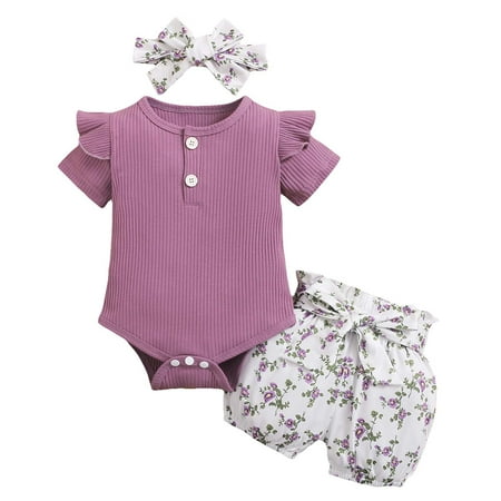 

LWZWM Infant Toddler Baby Girl Clothes Infant Toddler Baby Girl Matching Outfits Short Sleeve Floral Shorts Bow Headband Sister Clothes Purple 18-24 Months