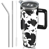 40 oz Tumbler with Handle and Straw, 100% Leak-Proof Travel Mug, Stainless Steel Double Wall Vacuum Insulated Coffee Cup Keeps Cold For 24 Hours, Pink Cow Print