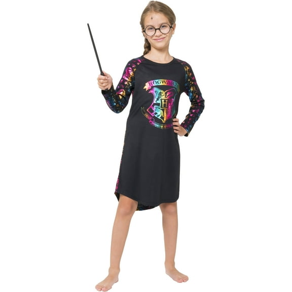 Harry Potter Girls' Hogwarts Rainbow Hologram Print Raglan Long-Sleeve Nightgown Pajama