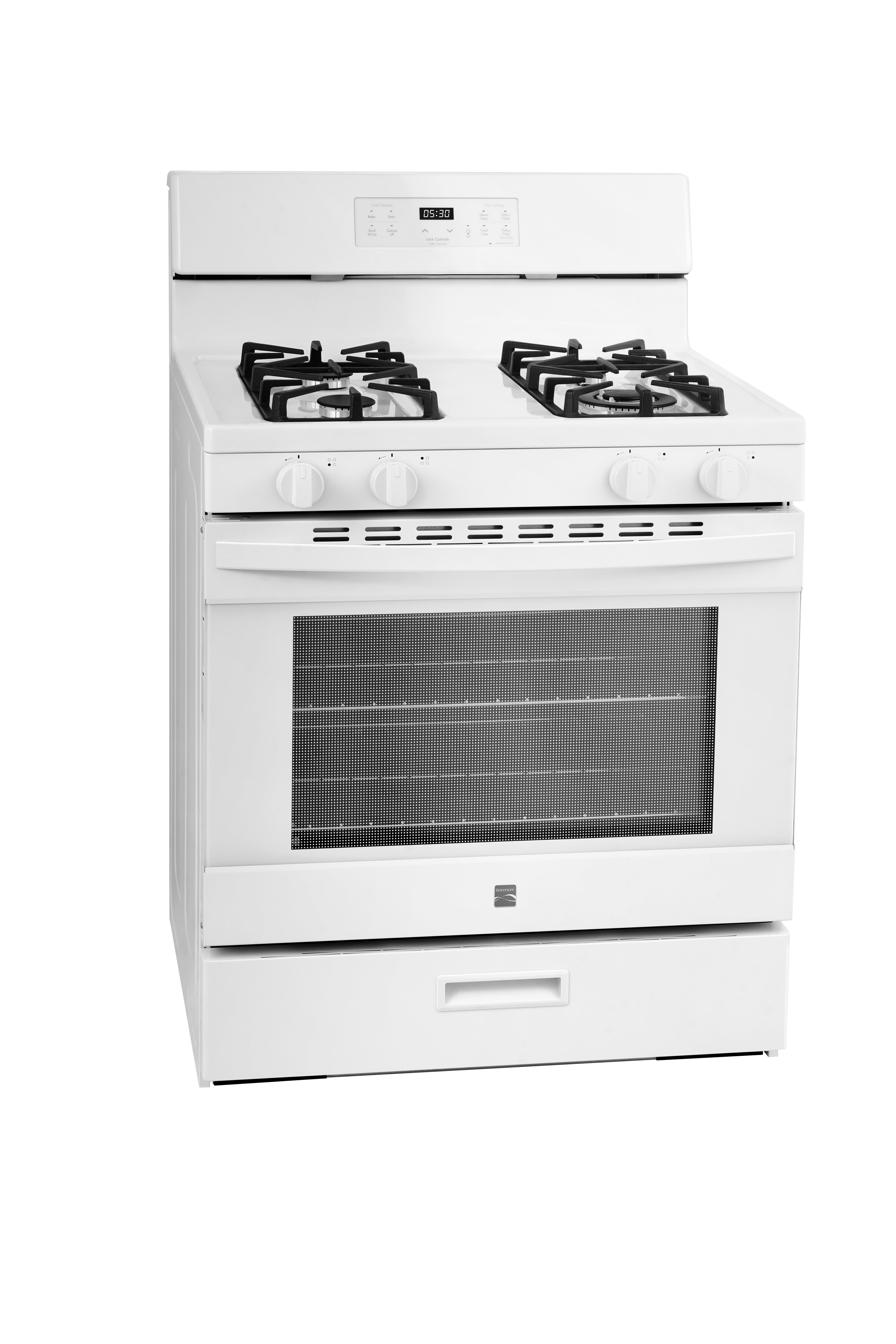 Kenmore 30" Rear-Control 4-Burner Gas Range with Oven with Cast Iron Grates, Steam Clean, White, 5.2 Cu. ft