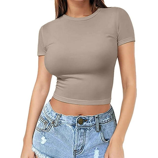 T-Shirt à Manches Courtes pour Femmes en Liquidation, Chemises Mélangeuses pour Femmes, T-Shirt Court pour Femmes, Chandail d'Été pour Filles, Haut à Col Rond Fin pour Femmes, Manches Courtes à la Mode