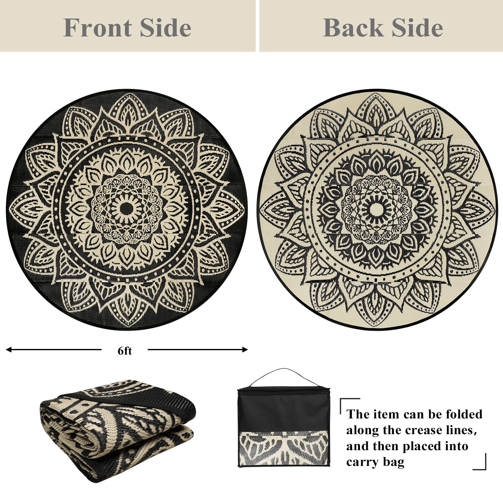 Aonewoe Round Outdoor Rugs 6ft Waterproof Patio Plastic Straw Rug Reversible Camping Carpet Indoor Outdoor Area Rug for Patio,Deck,Balcony,Picnic,Beach,Outside