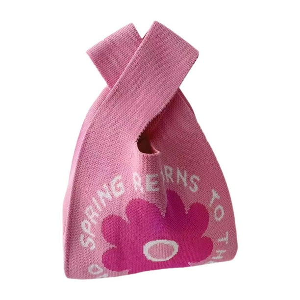 Bolso de muñeca con nudo para mujer, hecho a mano, elegante, mini bolso con nudo, funda, reutilizable, bolso de mano tipo cubo Rosa