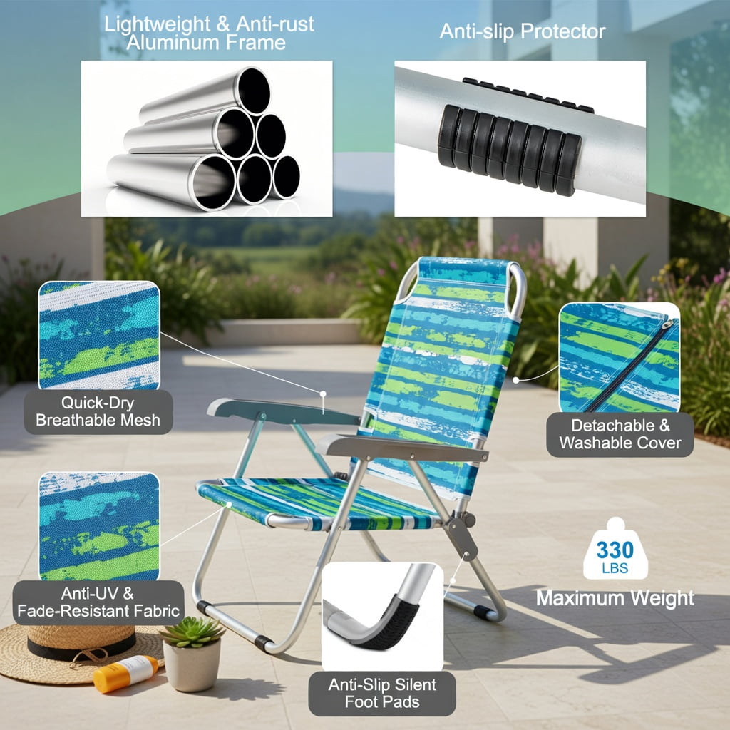 Hommoo 2-Pack Foldable Beach Chair with Adjustable Backrest, Cup Holder & Storage Pockets, Lightweight Aluminum Frame, Waterproof 600D Oxford Fabric, Green