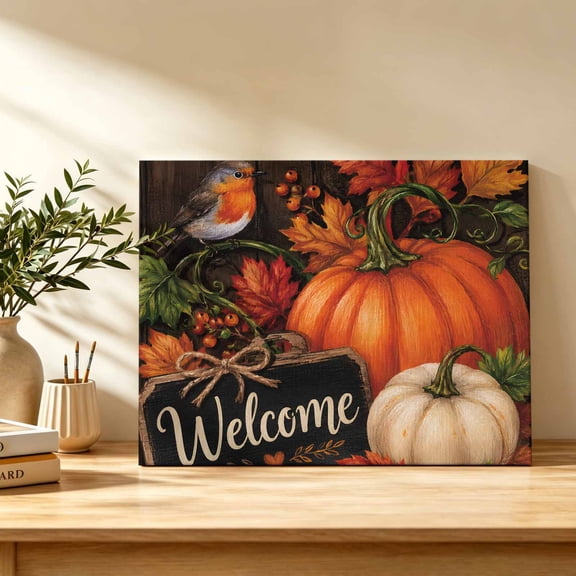 Thanksgiving Canvas Wall Art, Fall Beige Orange Pumpkin Bird Welcome Sign Rustic Wall Art Prints Artwork Framed Canvas Ready to Hang Art Pictures for Study Living Dining Room Bedroom 20" x 16"