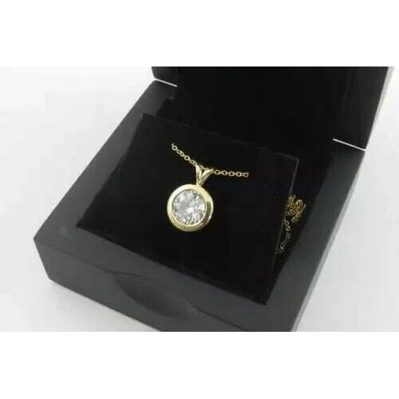 2Ct Round Cut Solitaire Lab Created Diamond Bezel Set Pendant 18" Free Chain 14k Yellow Gold Plated Silver