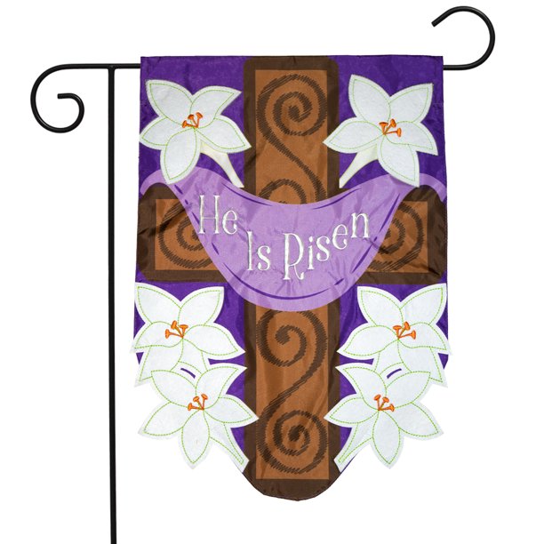 He Is Risen Cross Applique Easter Garden Flag Lilies Religious 12.5" x