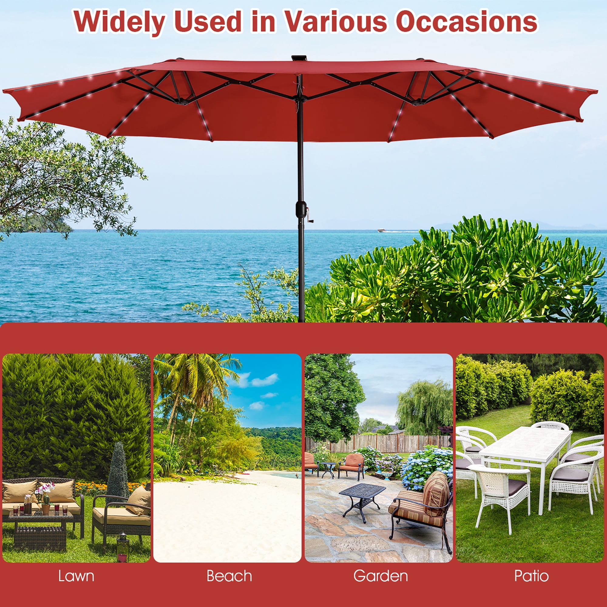 Gymax 15Ft Solar LED Patio Outdoor Double-Sided Umbrella w/ 48 Lights Crank Burgundy