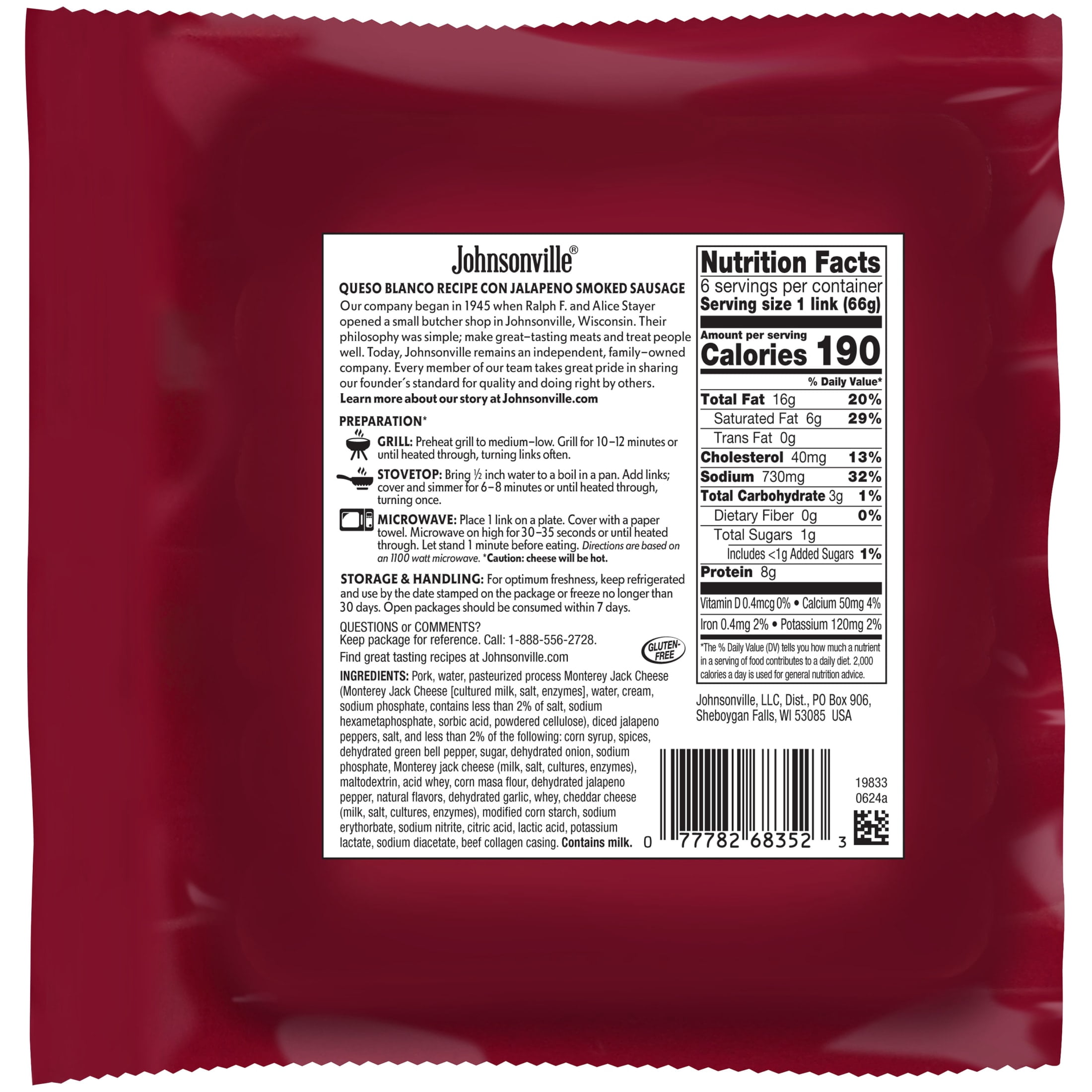 Johnsonville Cooked Queso Blanco Pork Sausage Links 14oz Package