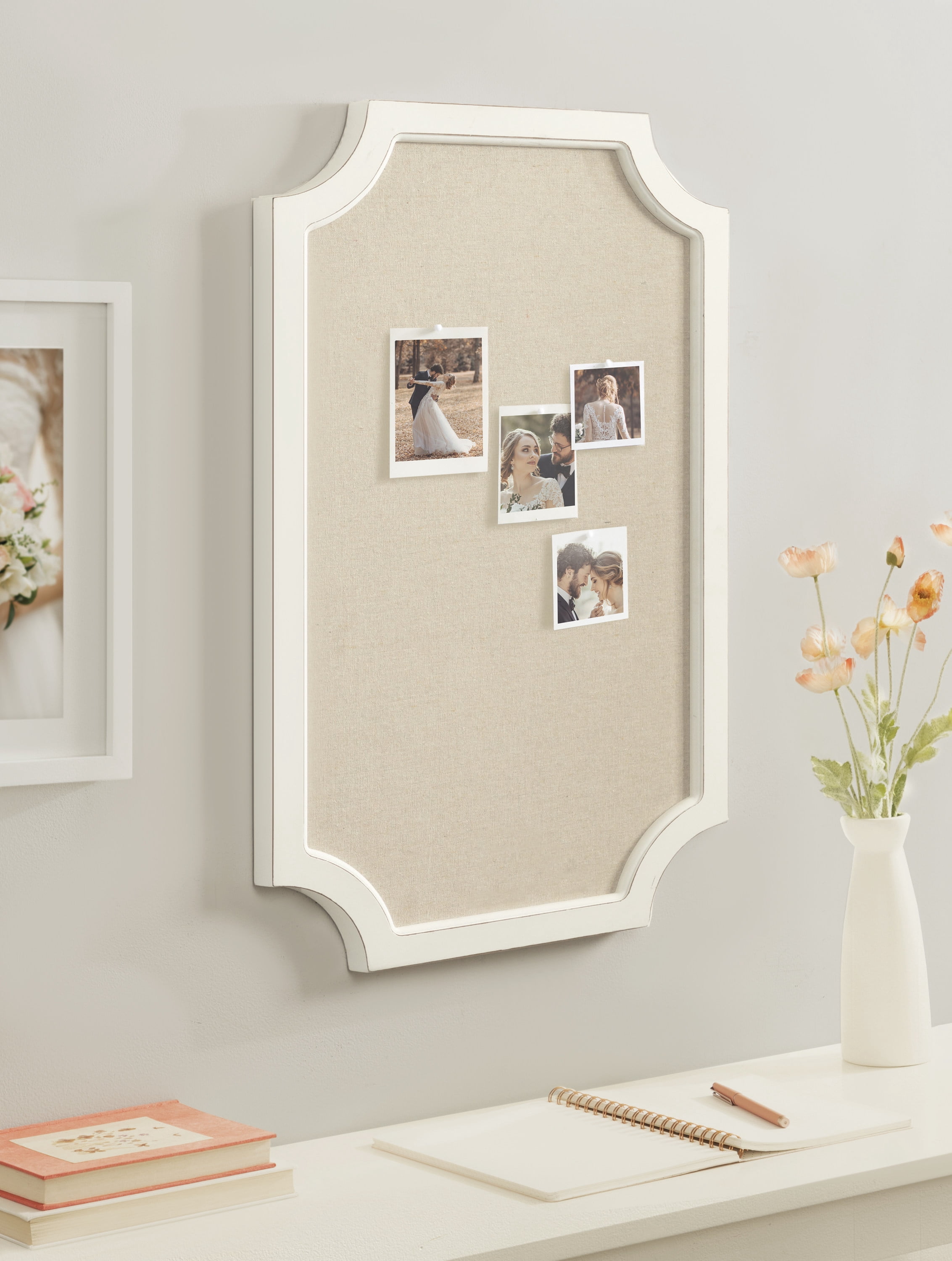 Hogan Framed Scalloped Decorative Wall Pinboard, White, 18 x 30, Rustic Modern Farmhouse Bulletin Board for Wall Organization and Decorative Displays