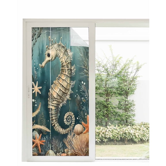 Window Privacy Film Ocean Seahorse Green Stained Glass Window Film Decorative Sun Block Window Cover Coastal Vintage Starfish Coral Window Clings Static Adhesive Sticker for Bathroom 35.4"x78.7"