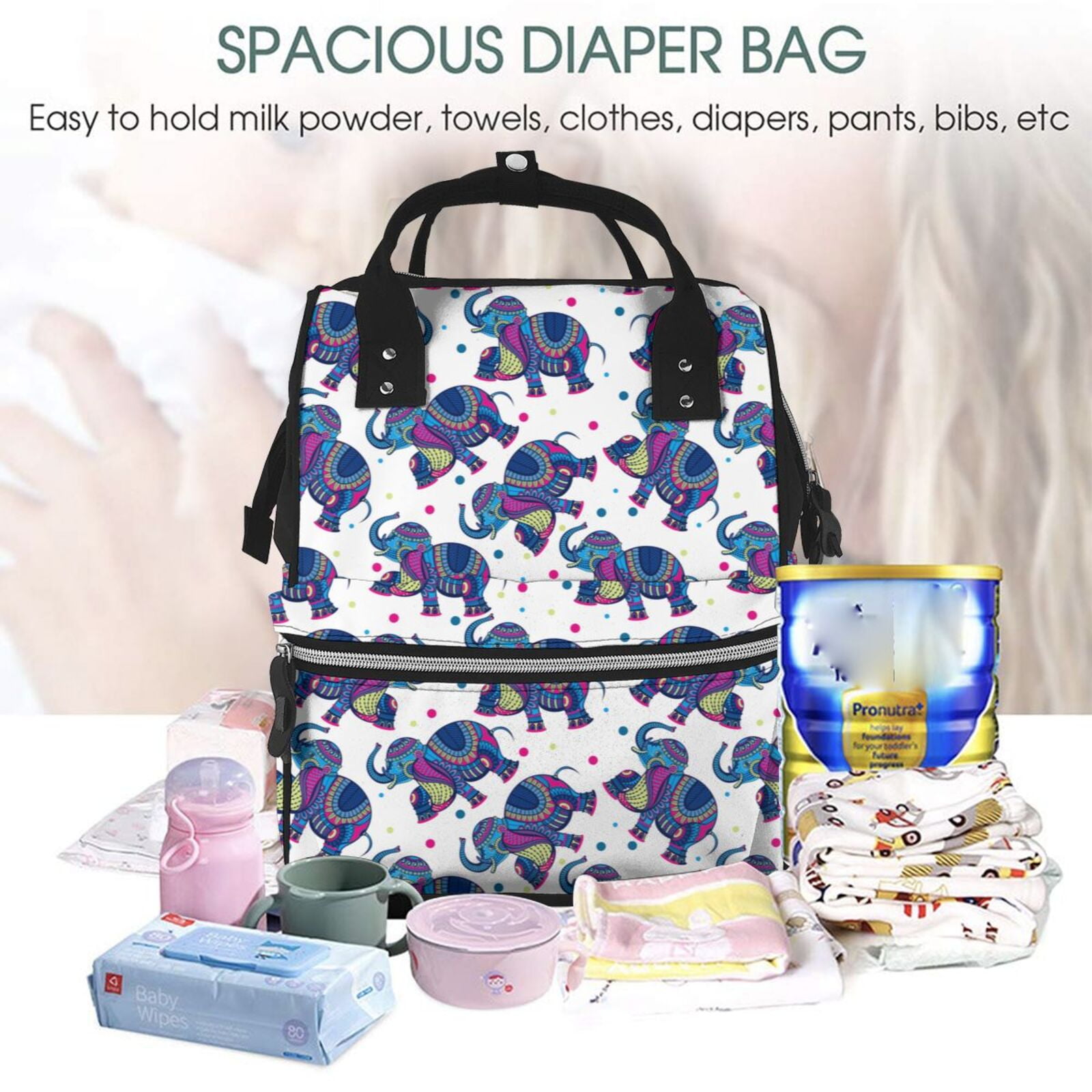 Fuzoiu Boho elephant Print Diaper Bag Backpack,Baby Essentials Travel Tote,Multi function Waterproof Diaper Bag, Travel Essentials Baby Bag - Unisex