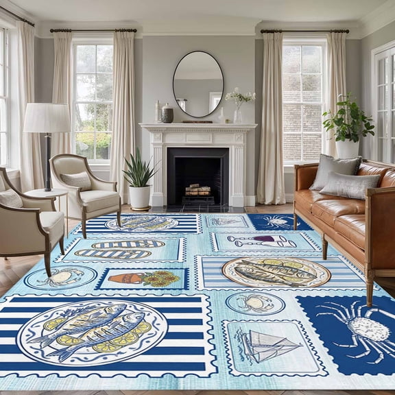 Summer Ocean Area Rugs 5'x7', Washable Small Throw Rugs for Laundry Room Playroom, Blue Coastal Fish Food Wine Crab Sailboat Indoor Outdoor Rug Non-Slip Low Pile Carpet Runner Reversible Floor Mats