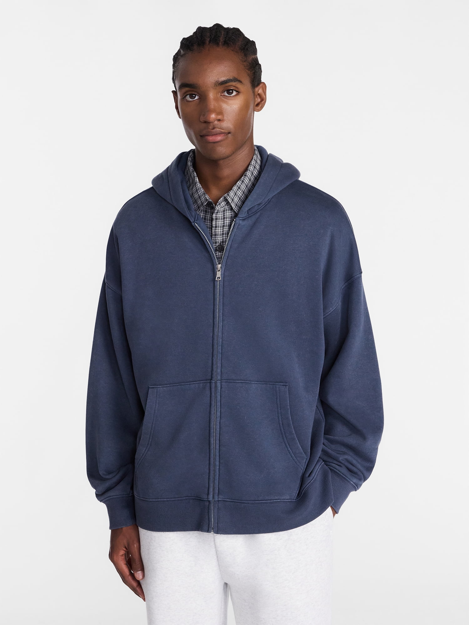 No Boundaries Boxy Oversized Fit Fleece Zip Hoodie Sweatshirt with Long Sleeves, Men's XS-4XLT