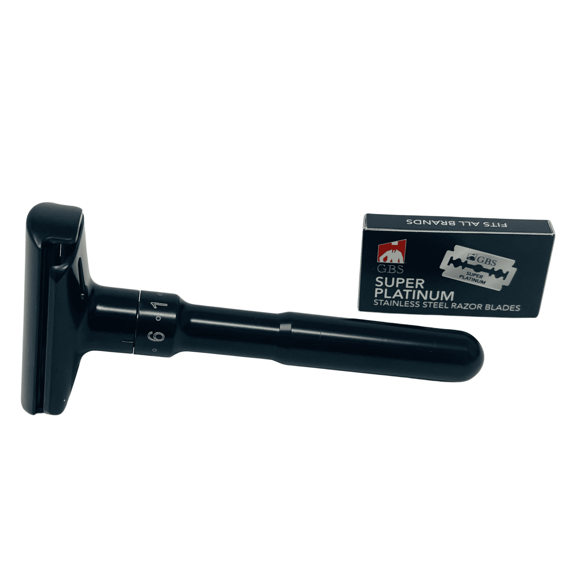 G.B.S Black Adjustable Double Edge Safety Razor with 10 Super Platinum Blades – Weighted Stainless Handle – 6 Settings – Fits All DE Razor Blades – Premium Men’s Shaving Tool