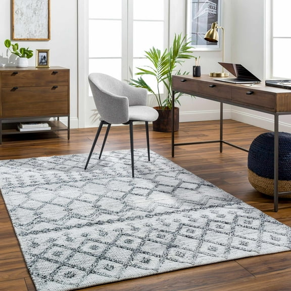 Hauteloom Dima Recycled Material Living Room, Bedroom Area Rug - Bohemian, Transitional - White, Light Slate, Black - 2' x 3'
