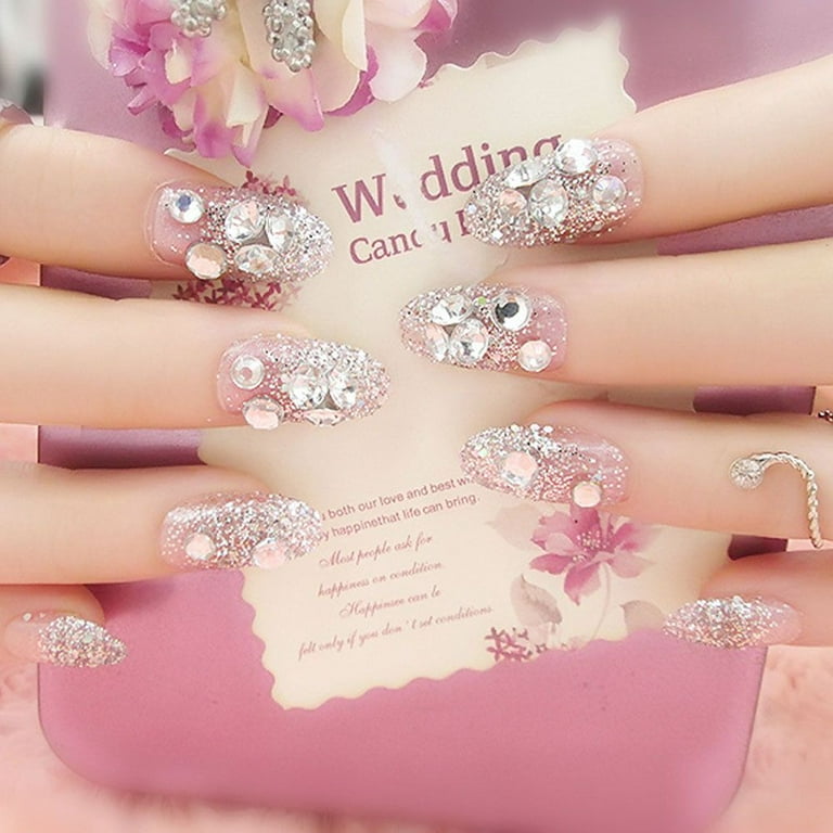 Valentines Nails | 24 Pcs/box French Tips Flower Diamond Rhinestone Press  On Nails