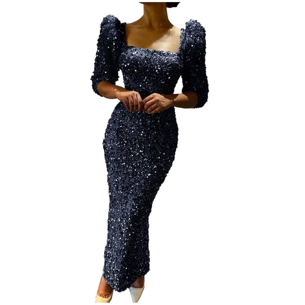 Vestidos Para Mujer Vestidos de Otoño Midi Hombros Descubiertos Lentejuelas Vestido de Manga Farol Delgado Odeerbi ODB182697