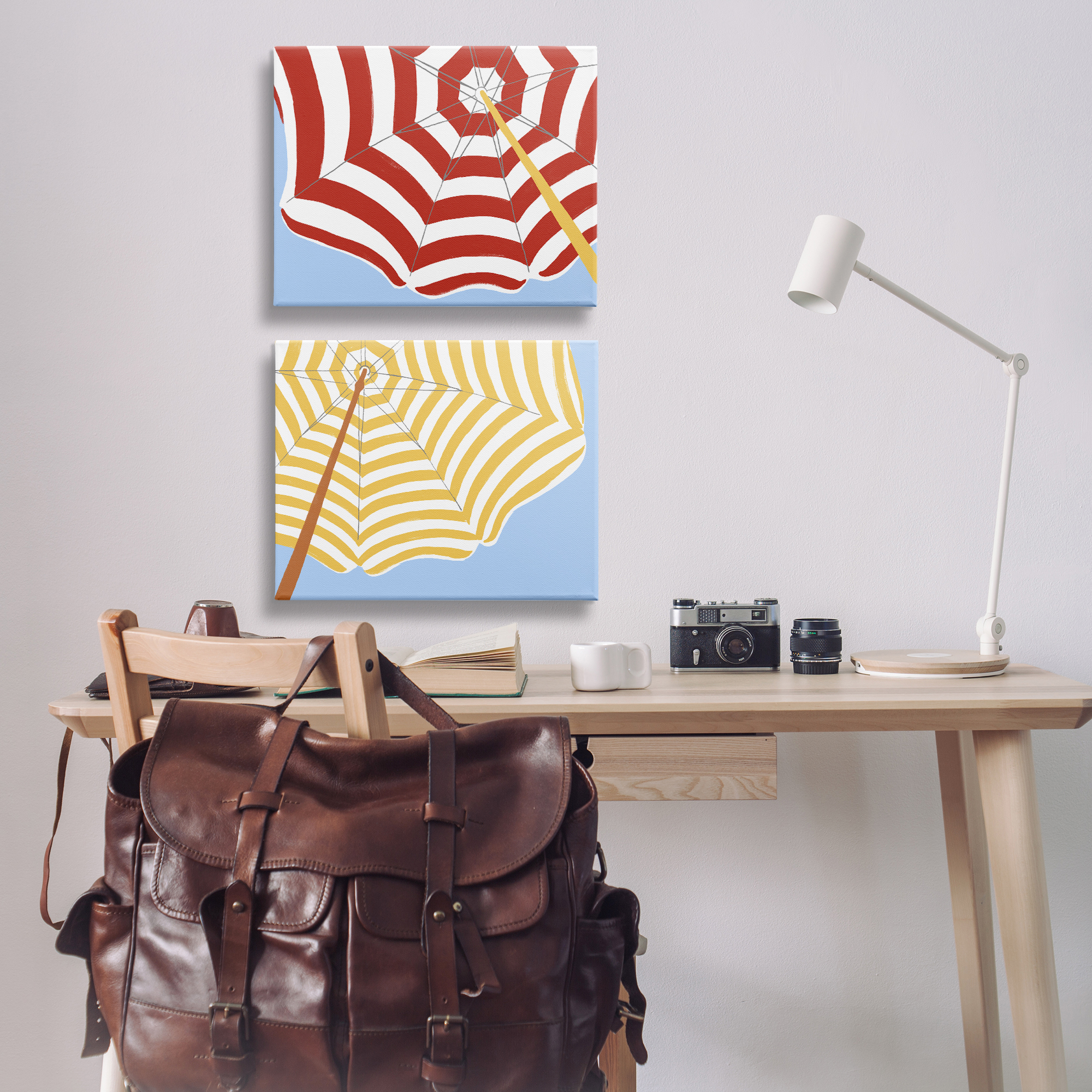 Stupell Industries Striped Beach Umbrella Nautical & Beach Painting Wrapped Canvas Art Print Wall Art, 20 x 16, Set of 2