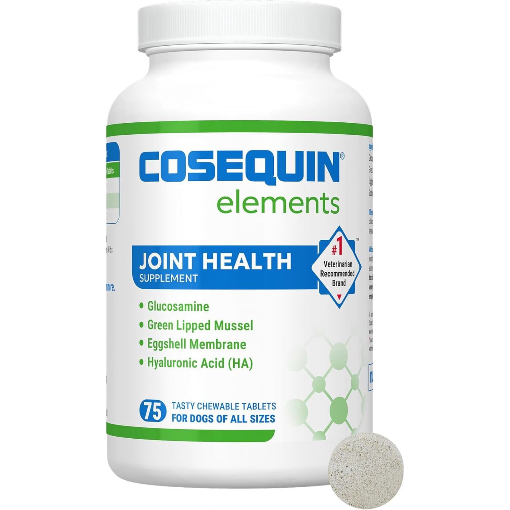 Nutramax Cosequin Elements Dog Joint Health Supplement with Glucosamine, Green Lipped Mussel, Eggshell Membrane & Hyaluronic Acid, 75 Chewable Tablets