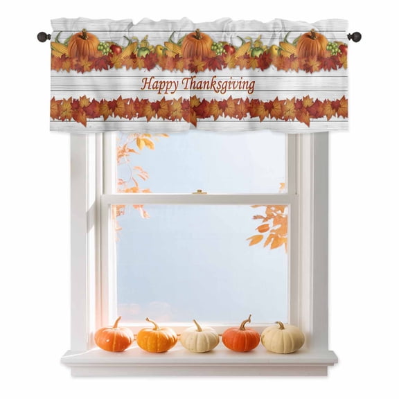 Pumpkin Happy Thanksgiving Valances for Windows, 42 x 18in, Maple Leaf FallWhite Wood Rod Pocket Kitchen Valance Curtain Light Filtering Window Treatments for Living Room Bedroom, 1 Panel