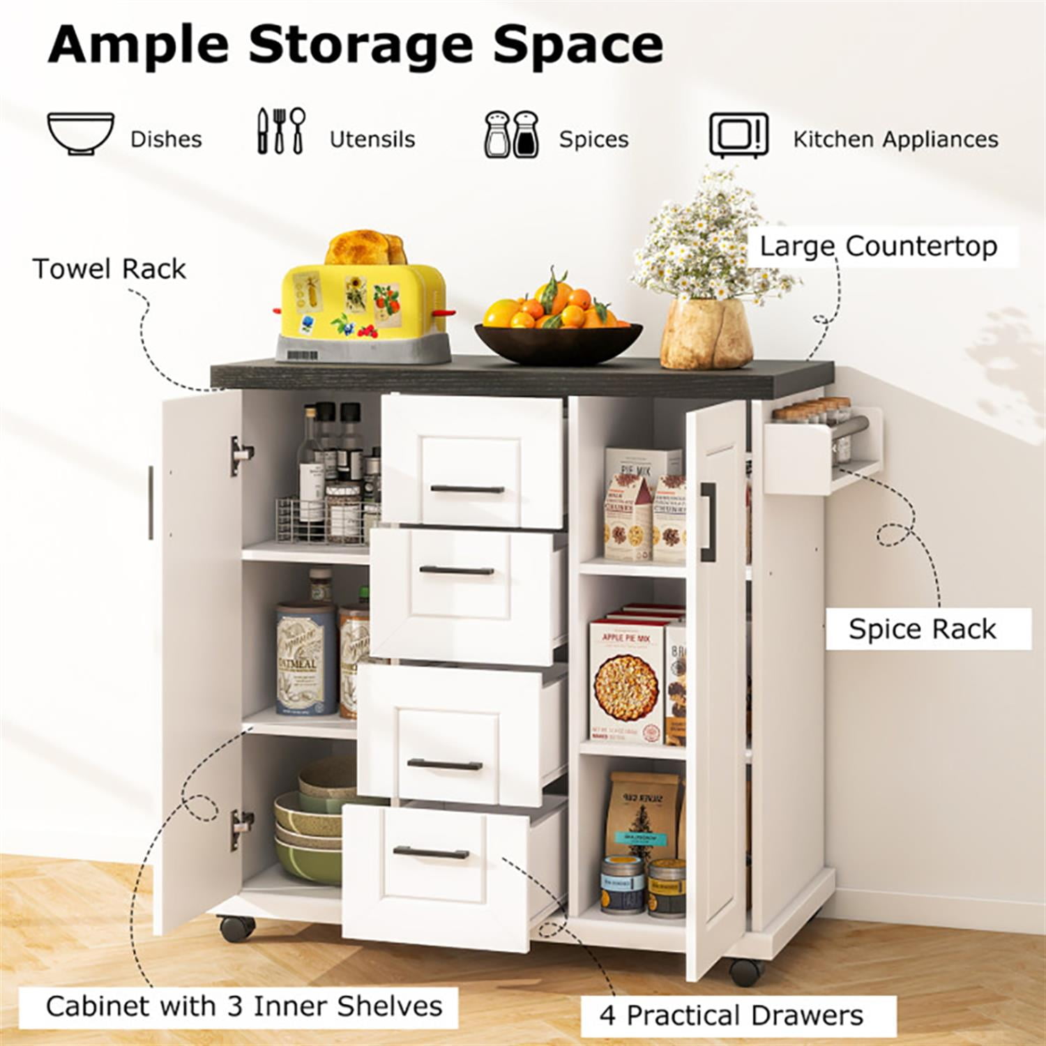 Demi Bonn Mobile Kitchen Island Cart with Storage Cabinets, Rolling Kitchen Serving Carts on Wheels for Home, Dining Room, White