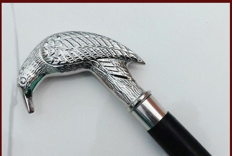 Fashionable Handmade Walking Stick Cane Parrot Head | Brass Decorative Bars Inlaid | Solid Wood Shaft
