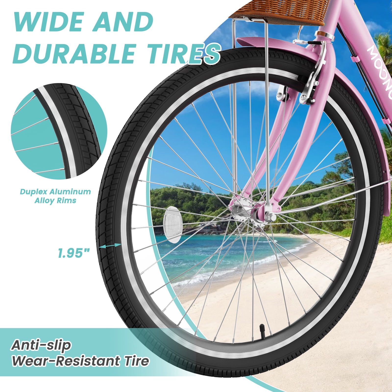 MOONCOOL 24/26 Inch Cruiser Bike for Women, 7 Speed Step-Through Bicycle with Basket, Rear Rack & Lock, Retro City Bike for Adults
