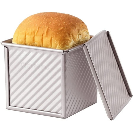 

CHEFMADE Mini Pullman Loaf Pan with Lid 0.55Lb Dough Capacity Non-Stick Rectangle Corrugated Toast Box for Oven Baking 3.9 x 3.9 x 3.9 (Champagne Gold)